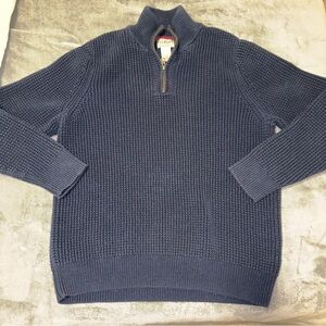 LL Bean Men's Medium 100% Organic Cotton Waffle Knit 1/4 Zip Sweater Blue